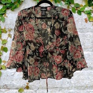 Cottagecore Coquette Vintage Floral Black Sheer Ruffle Sleeve Top Size 12